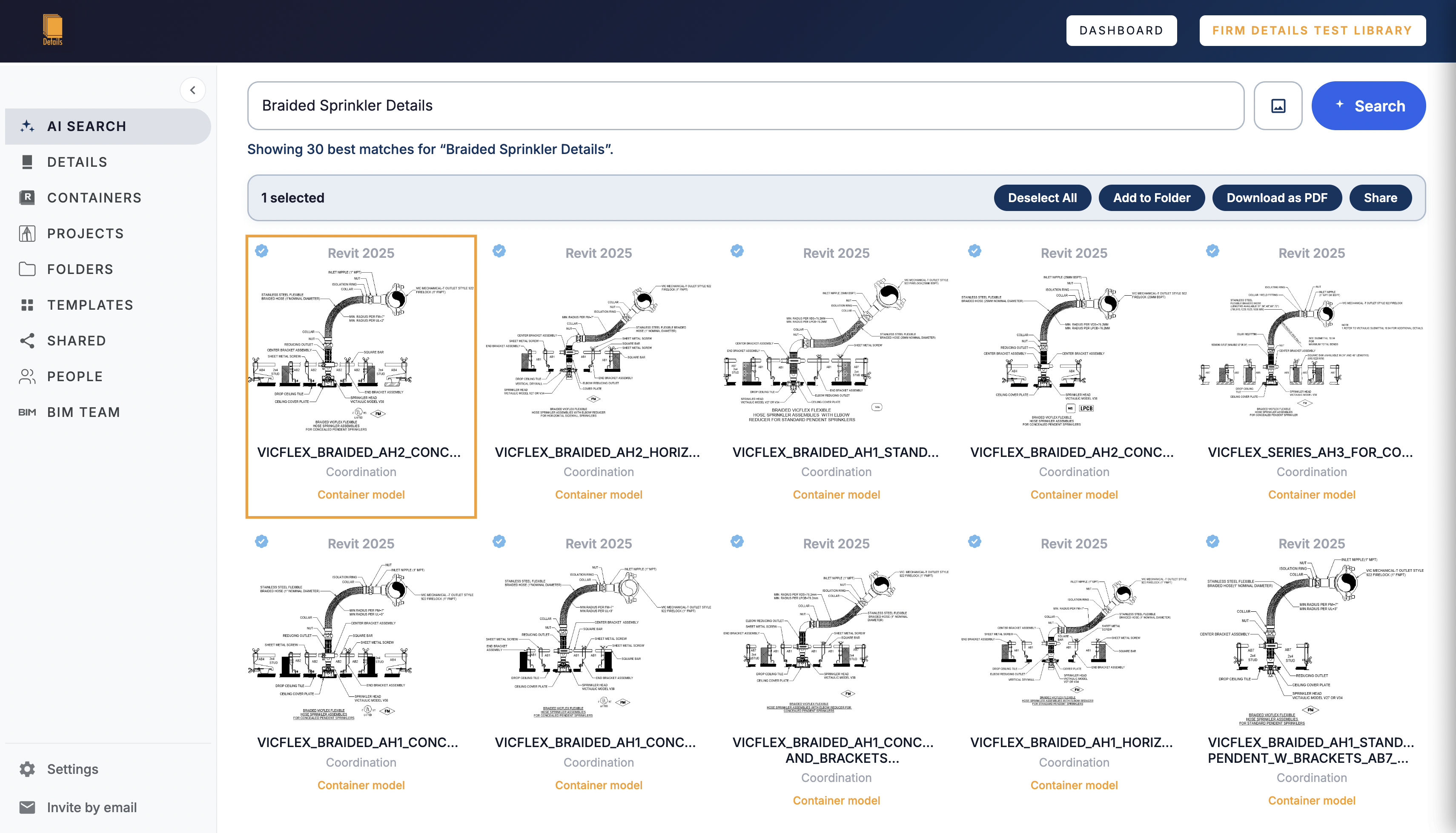 AI Search results for Revit details, with one detail selected