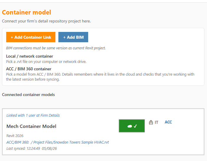 Container model connections in Details showing Add Container Link and a firm-linked ACC container