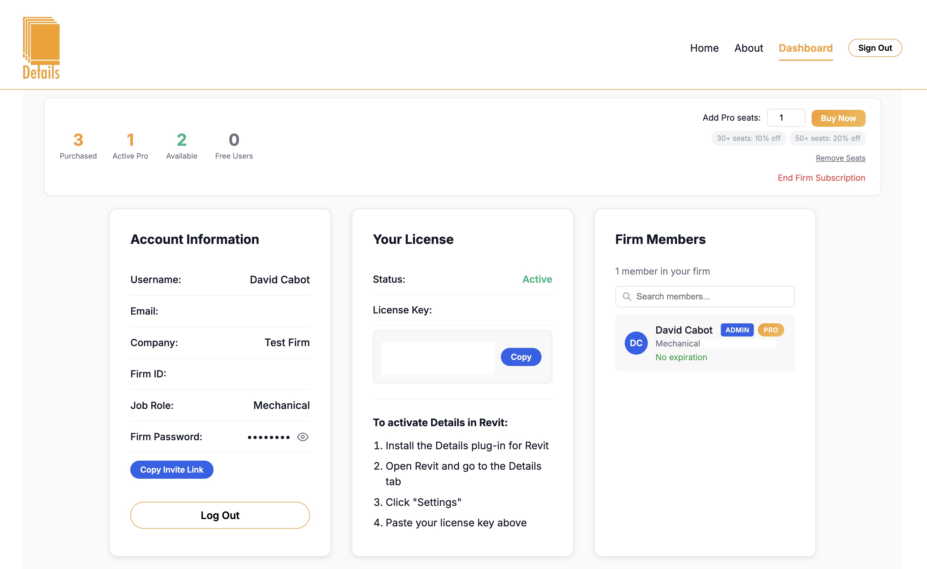 Details firm dashboard — account overview