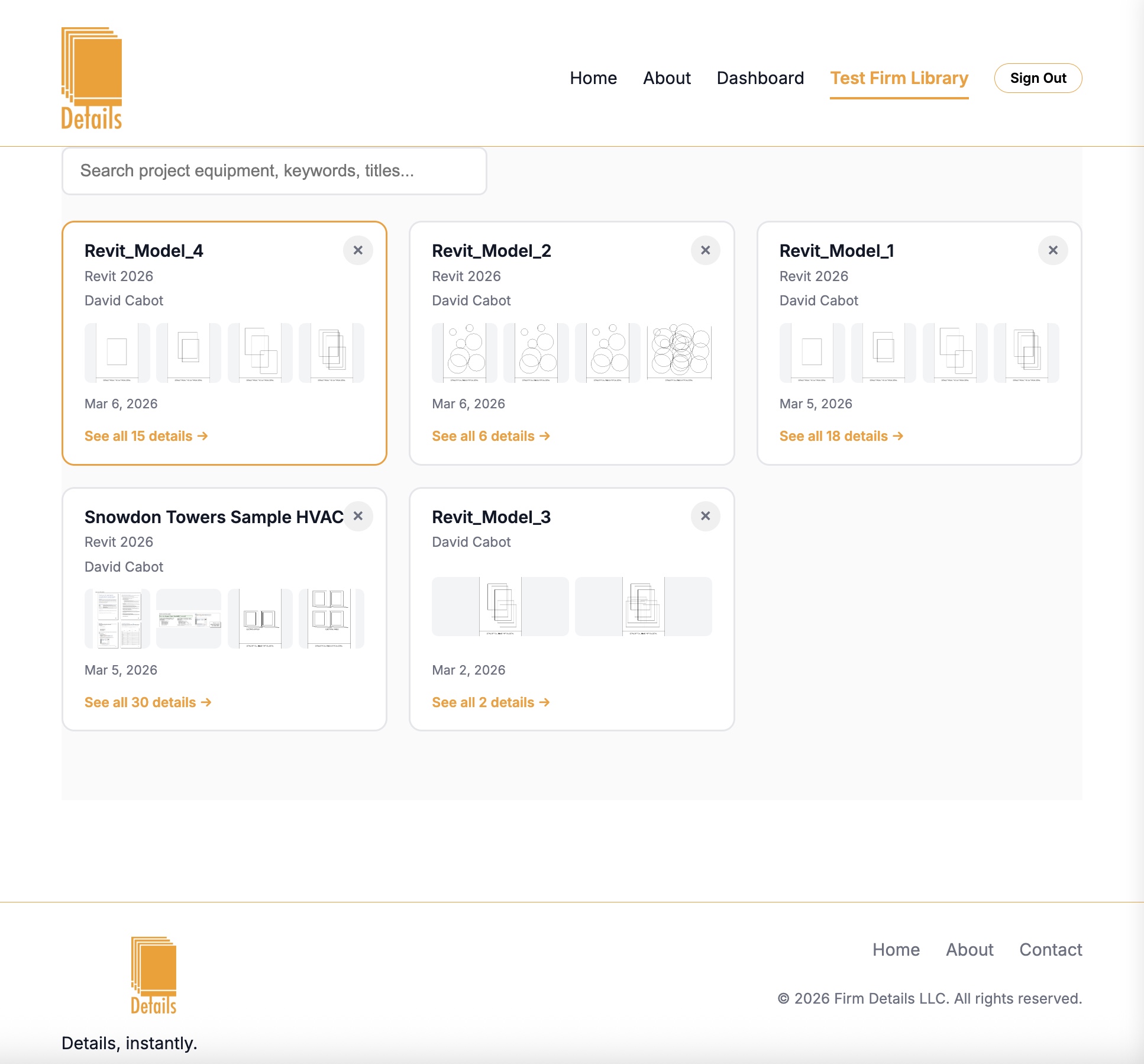 Firm Library — project cards and search
