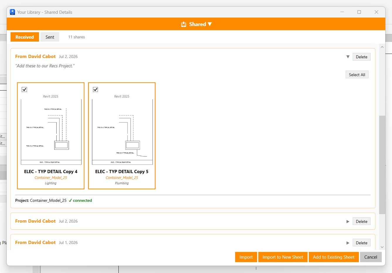 Shared Details inbox inside the Details Revit add-in