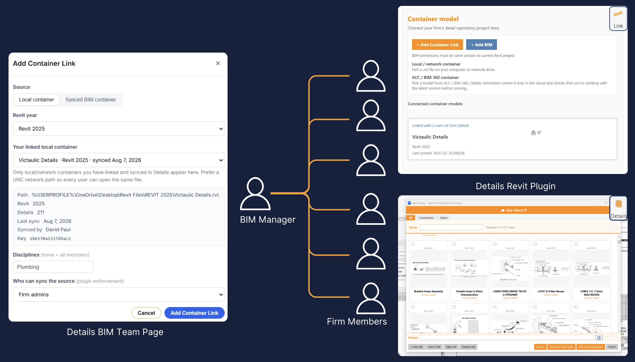 BIM manager creating a universal container link that connects firm members in the Details Revit plugin
